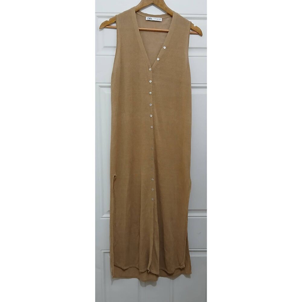 Zara womens medium linen nylon knit long maxi vest dress tan split sides - Picture 1 of 8